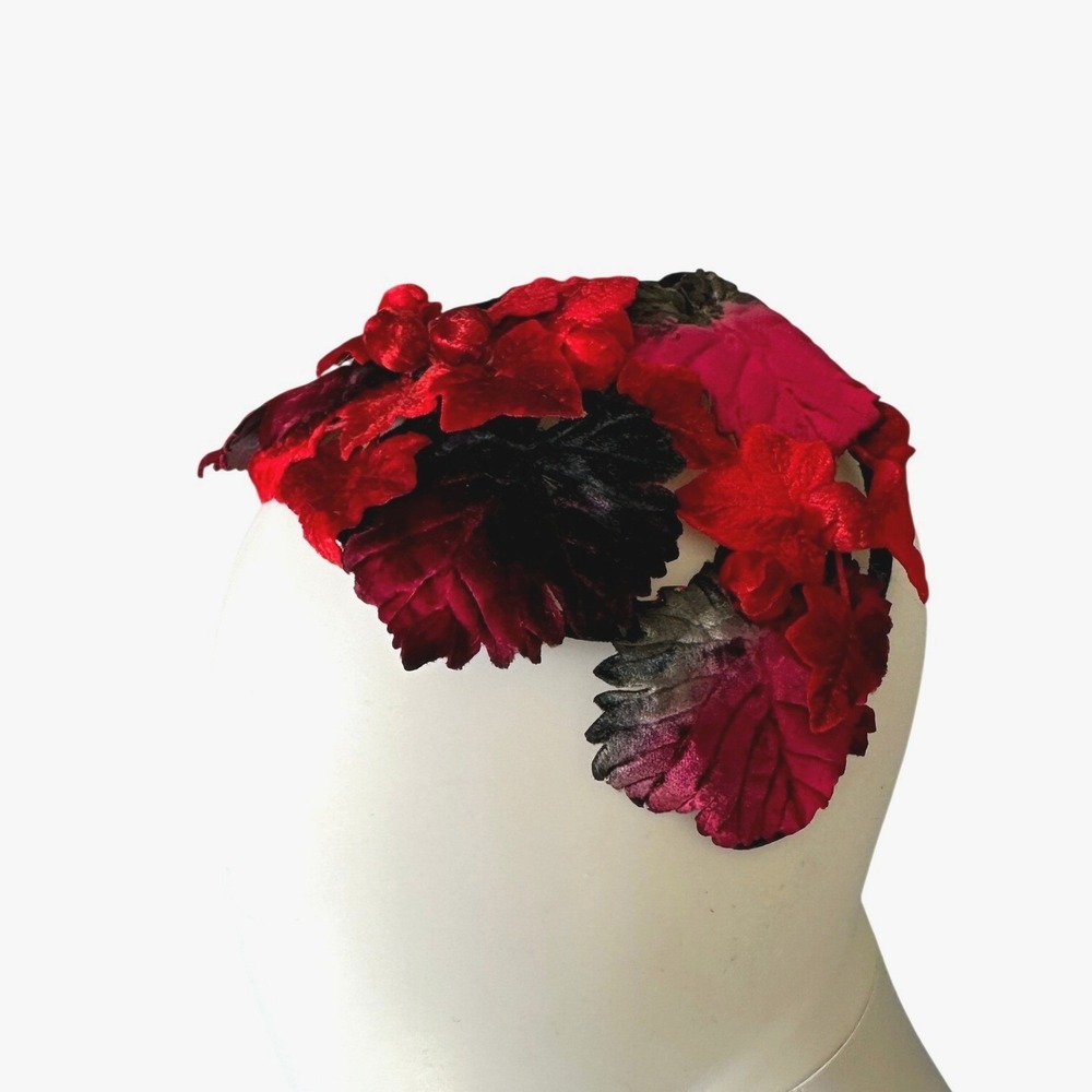 Vintage 60s Red Velvet Leaves Fascinator Burgundy Floral Headpiece Berry Accents